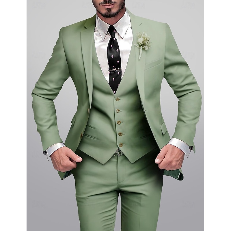 Men's Wedding Fall Wedding Suits Notch Notch Lapel Sage Dark Green Party Dress Solid Colored Tailored Fit 3 Piece Single Breasted Two-buttons2