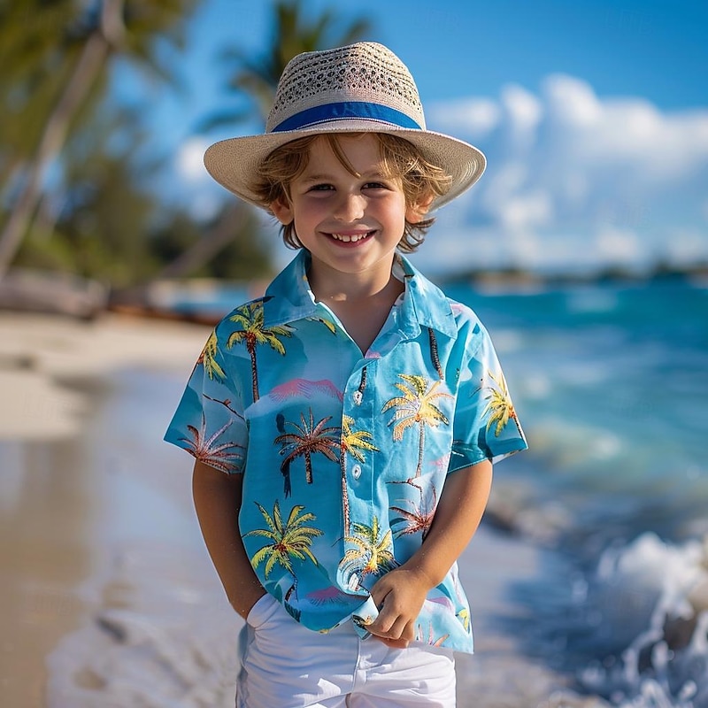 Boys 3D Graphic Leaf Tree Shirts Blue Short Sleeve 3D Print Summer Vacation Tropical Daily Kids 3-12 Years Lapel Outdoor Casual Daily Tailored Fit2