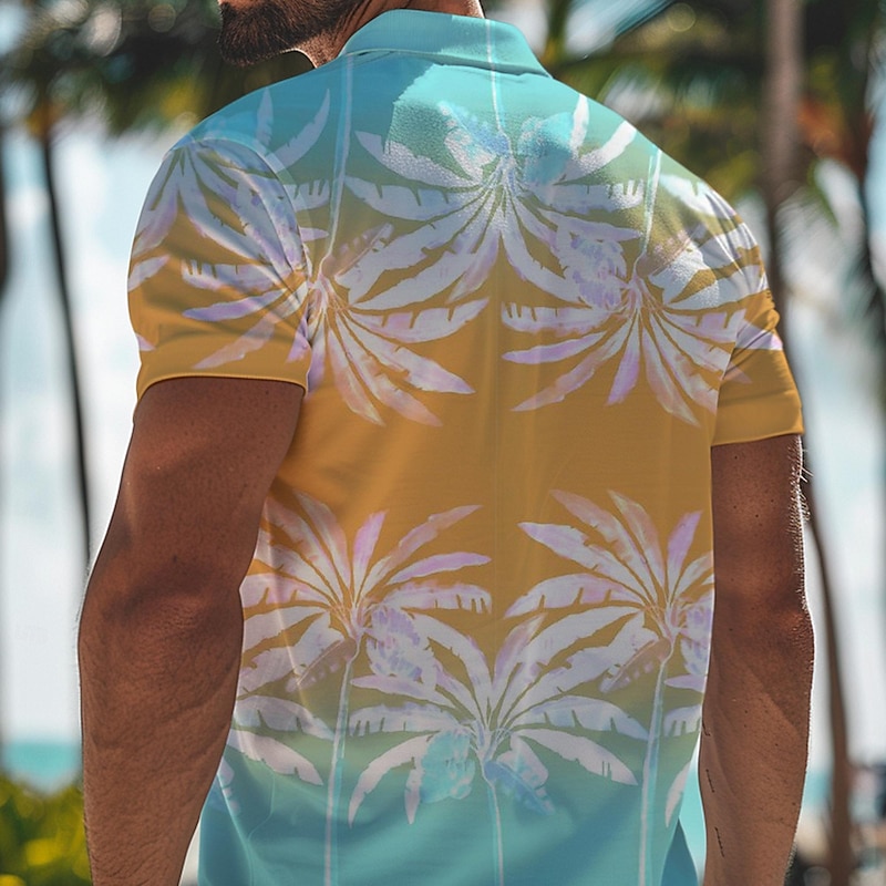 Kentucky Derby Men's Palm Tree Hawaiian Polo Shirts Golf Shirt Short Sleeve Polo Shirts Collared Shirts Beach Wear Vacation Wear Tropical Wear Party Outfits 3D Print Buttons Spring & Summer Pink Blue2