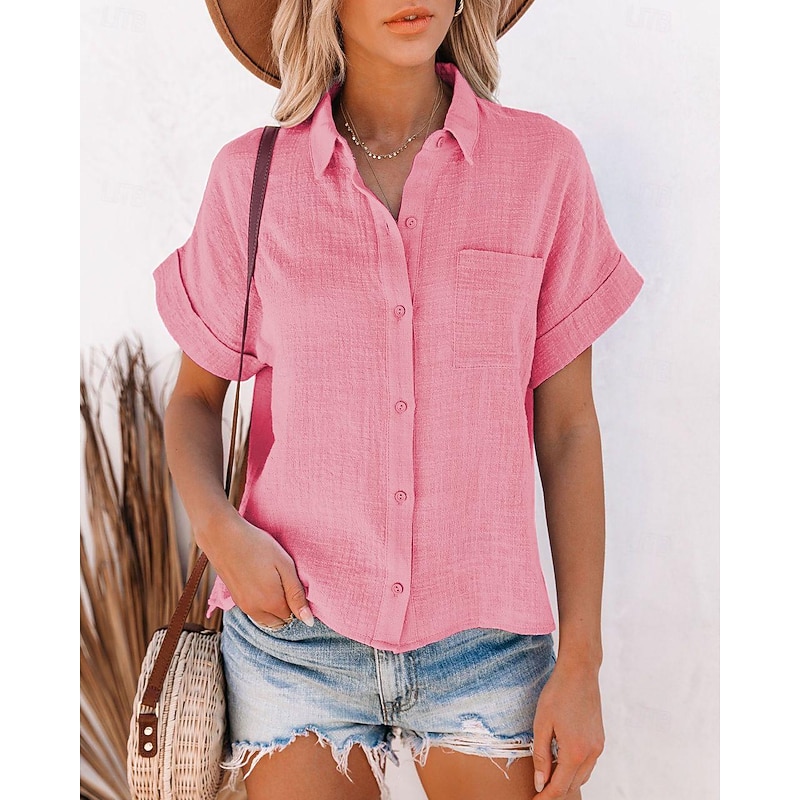 Women's Shirt Button Up Cotton Linen Shirt Blouse Plain Daily Basic Casual Short Sleeve Shirt Collar Regular Tops Work Casual Daily Patchwork White Pink Red Blue Purple4