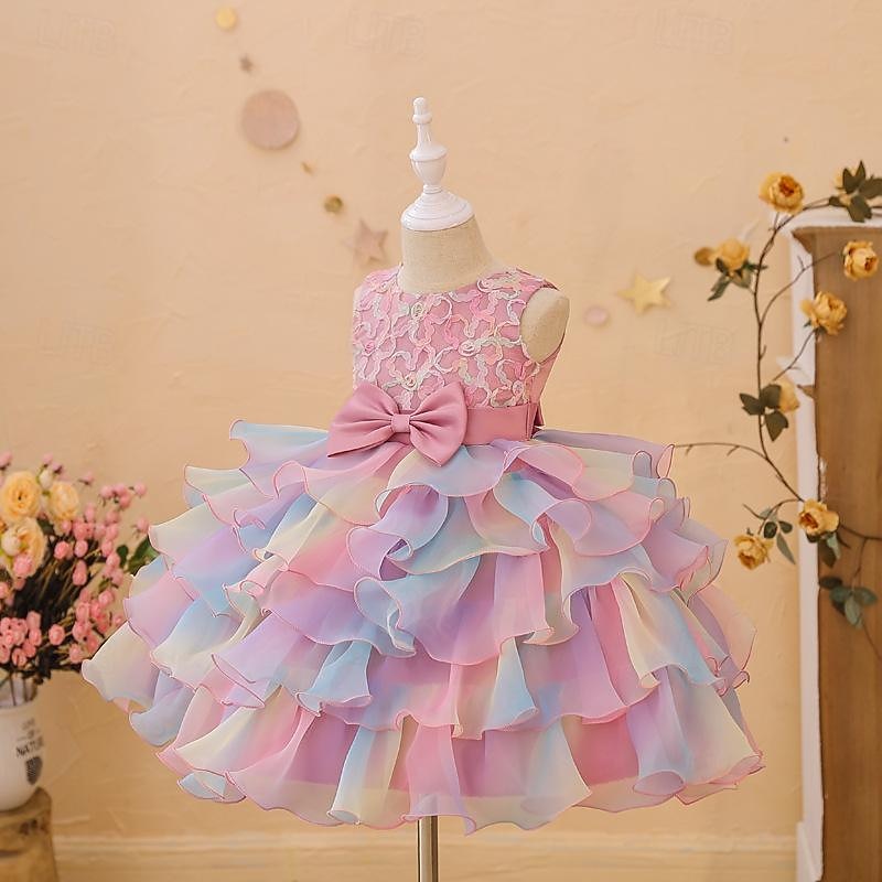 Kids Girls' Party Dress Rainbow Flower Sleeveless Special Occasion Princess Polyester Party Dress Summer Spring 3-12 Years Multicolor Pink Light Blue