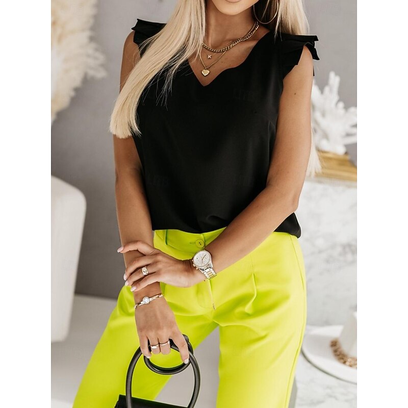 Women's Camisole Tank Top Black White Fuchsia Plain Ruffle Street Daily Fashion V Neck Regular Fit S