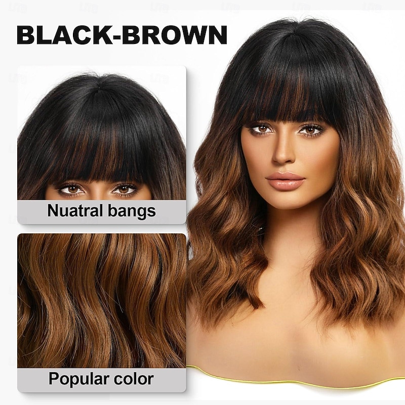 Short Wavy Brown Wig with Bangs Short Ombre Brown Light Brown Burgundy Black Blonde Bob Wigs for Women Wavy Bob Wig with Bangs Synthetic Natural Looking Wigs 14 inch4