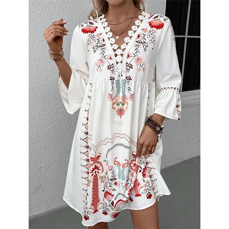 Women's Mini Dress Petite Dress Casual Dress Summer Dress Boho Dress Stylish Casual Vacation Daily Date Regular Fit Floral 3/4 Length Sleeve V Neck Black Red Fuchsia Apricot Summer3