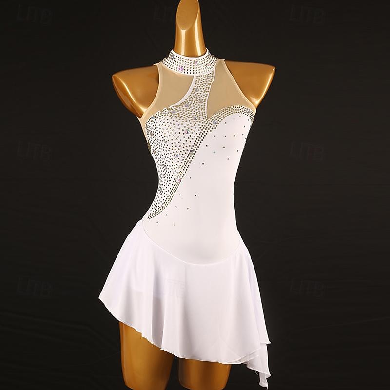 Figure Skating Dress Women's Girls' Ice Skating Dress White Burgundy Dark Navy Patchwork Mesh Spandex High Elasticity Training Practice Professional Skating Wear Classic Crystal / Rhinestone2