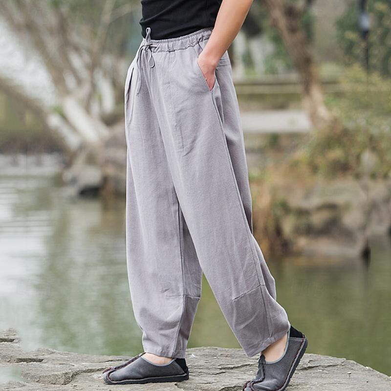 Men's Linen Pants Trousers Summer Pants Beach Pants Pocket Drawstring Elastic Waist Plain Comfort Breathable Daily Holiday Vacation Hawaiian Boho Black Navy Blue2
