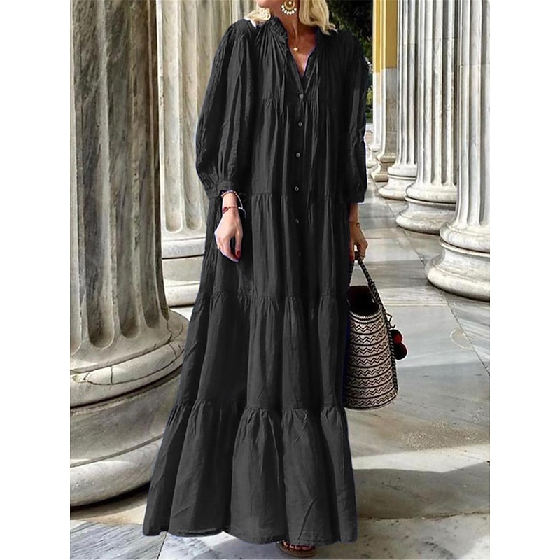 Women's Black Blue Summer Spring Maxi Dress Cotton Linen Dresses Black Dress Shirt Dress Bohemia Daily Weekend Loose Fit Plain Shirt Collar
