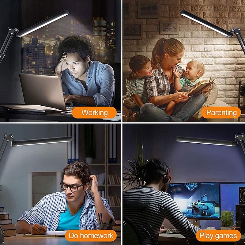 LED Desk Lamp Swing Arm Desk Light with Clamp 3 Lighting 10 Brightness Eye-Caring Modes Reading Desk Lamps for Home Office 360Spin with USB Adapter & Memory Function black-12W3