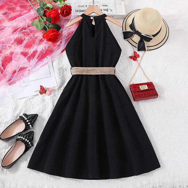 Kids Girls' Dress Solid Color Halter Neck Dress Above Knee Dress School Halter Off Shoulder Sleeveless Fashion Dress 7-13 Years Summer Light Green2