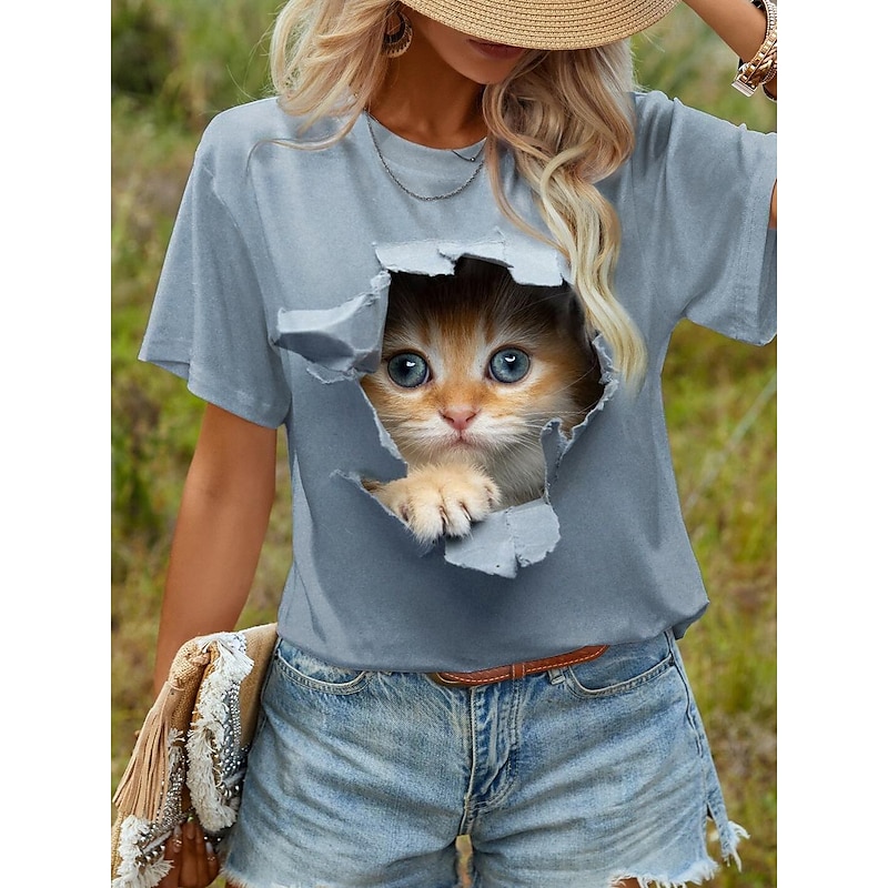Women's T shirt Cute Kitten Peekaboo Graphic Crew Neck Short Sleeve Casual Daily Wear Soft Comfortable Unique Print Top Blue Regular and Plus Size