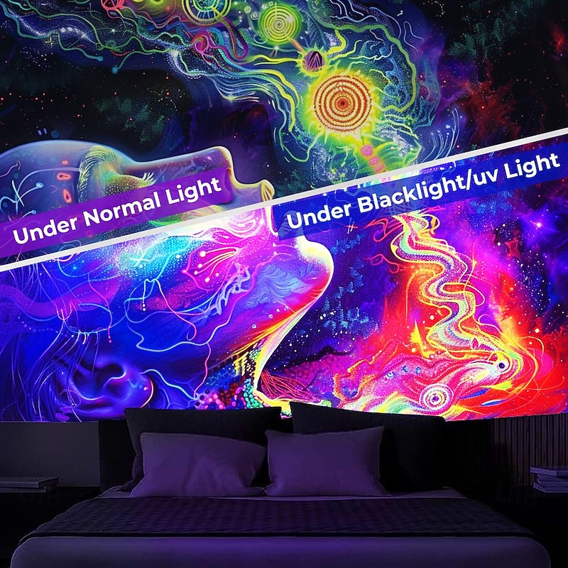 Blacklight Tapestry UV Reactive Glow in the Dark Glow Party Neon Arty Woman Psychedelic Trippy Misty Hanging Tapestry Wall Art Mural for Living2