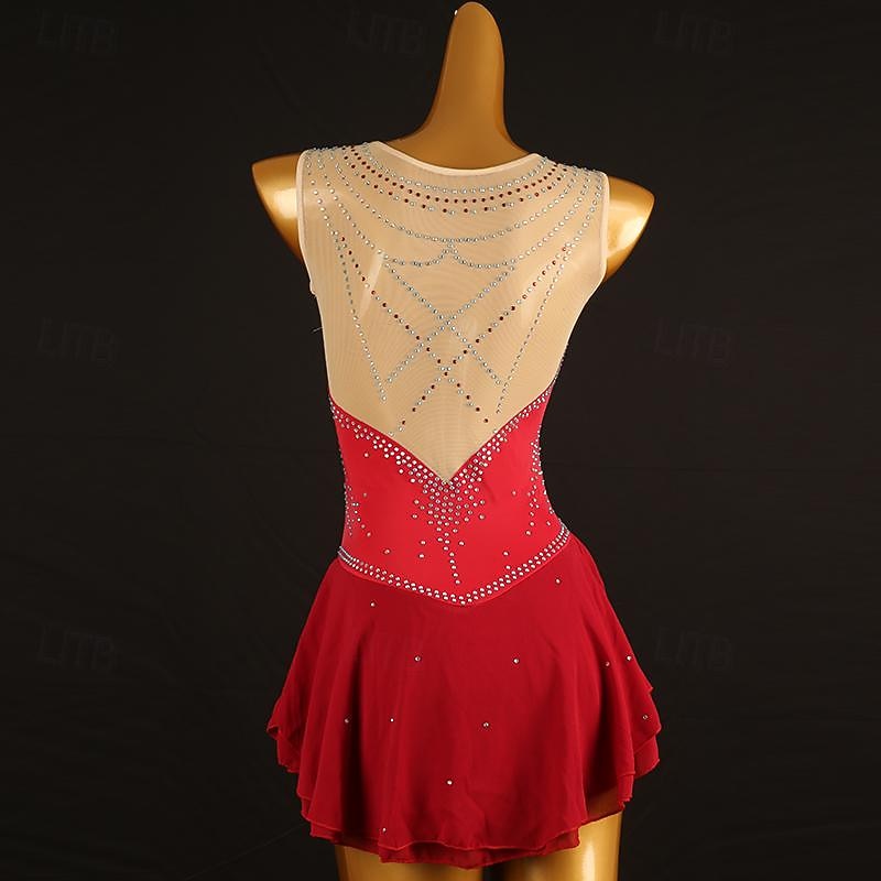 Figure Skating Dress Women's Girls' Ice Skating Dress Burgundy Patchwork Mesh Spandex High Elasticity Training Practice Professional Skating Wear Classic Crystal / Rhinestone Sleeveless Ice Skating4