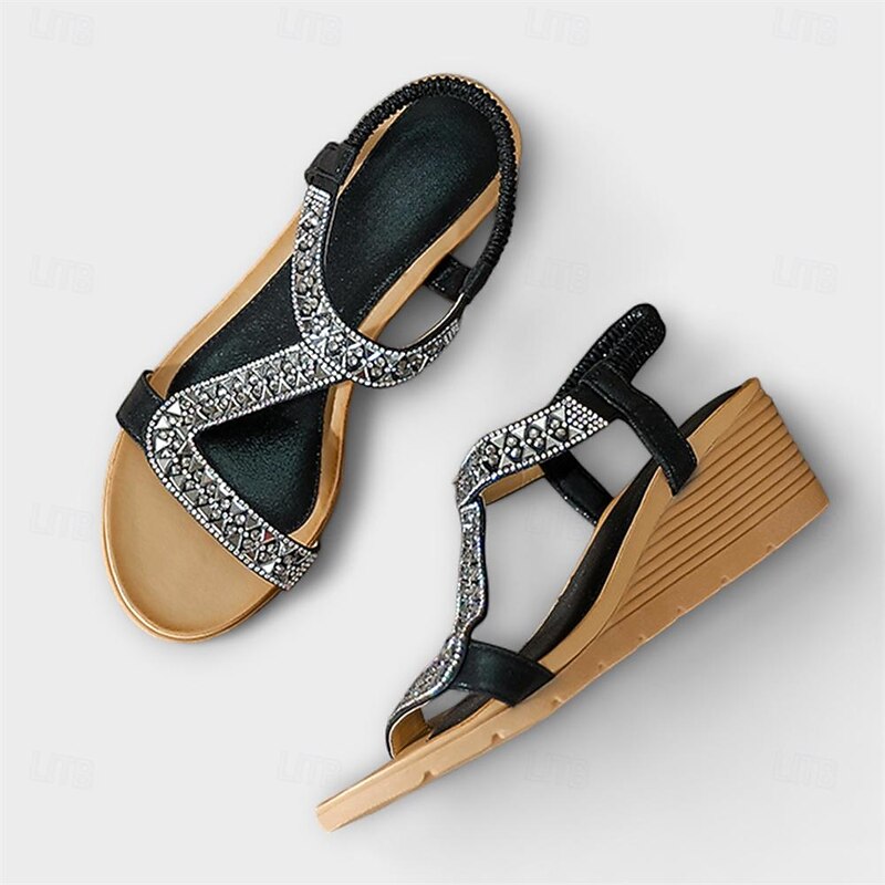 Women's Bohemian Rhinestone Wedge Sandals – Glamorous Beaded Elastic Strap Sandals for Summer Beach & Casual Wear4