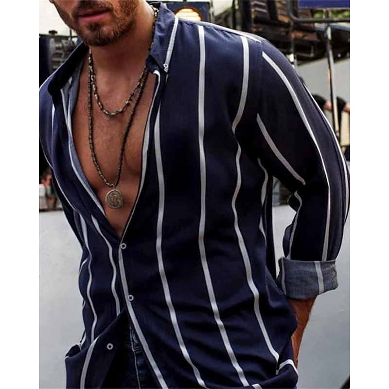 Men's Shirt Summer Shirt Casual Shirt Beach Shirt Button Up Shirt Blue Red Dark Blue Light Blue Long Sleeve Stripes Lapel Vacation Hawaiian Button-Down Clothing Apparel Polyester Fashion Casual