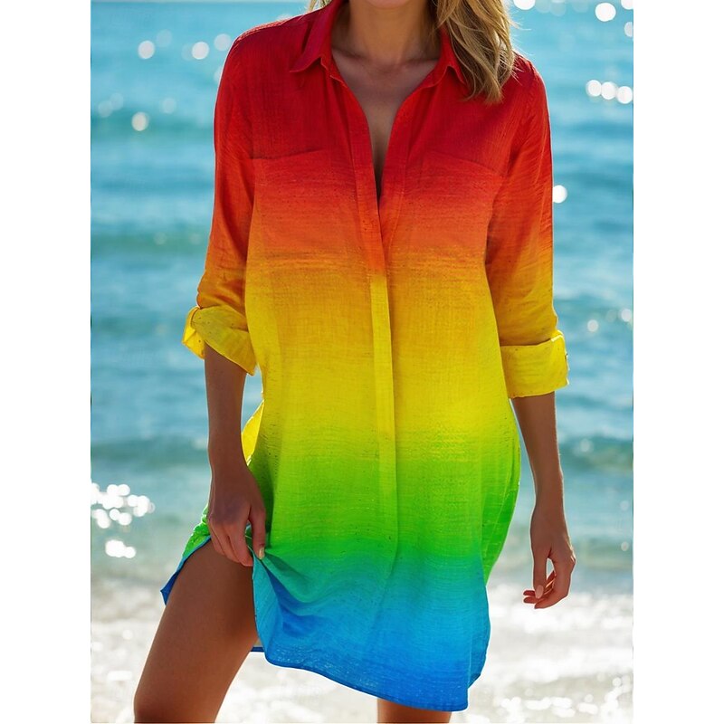 Women's Beach Cover-Up Long Sleeve V-Neck Marine Print Button-Up Roll Tab Sleeve White Blue One Size Resort Wear Summer Sea Life Pattern Clothing Apparel4