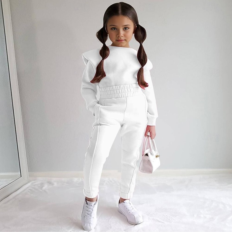 2 Pieces Toddler Girls' Solid Color Hoodie & Sweatpants Set Set Long Sleeve Cool Outdoor 3-7 Years Fall White Pink Orange4