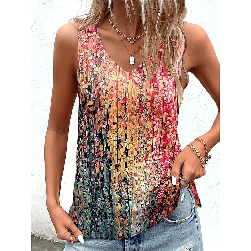 Women's Camisole Tank Top Mosaic Stained Glass Print Sleeveless V-Neck Summer Casual Beach Multi-Color Red Blue Green Flowy Relaxed Fit Clothing Apparel