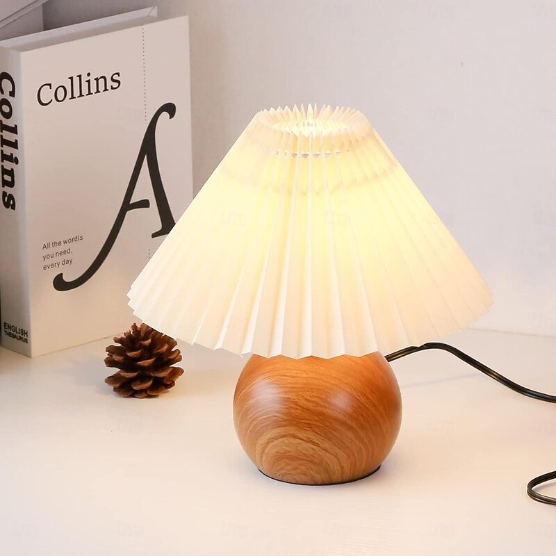 Cute Small Pleated Lamp Modern Bedside Table/desk Lamp Beige Lampshade Metal Base Suitable for Bedrooms Home Offices Living Rooms Children's Dormitories with E27 Light Bulb and Switch Plug2