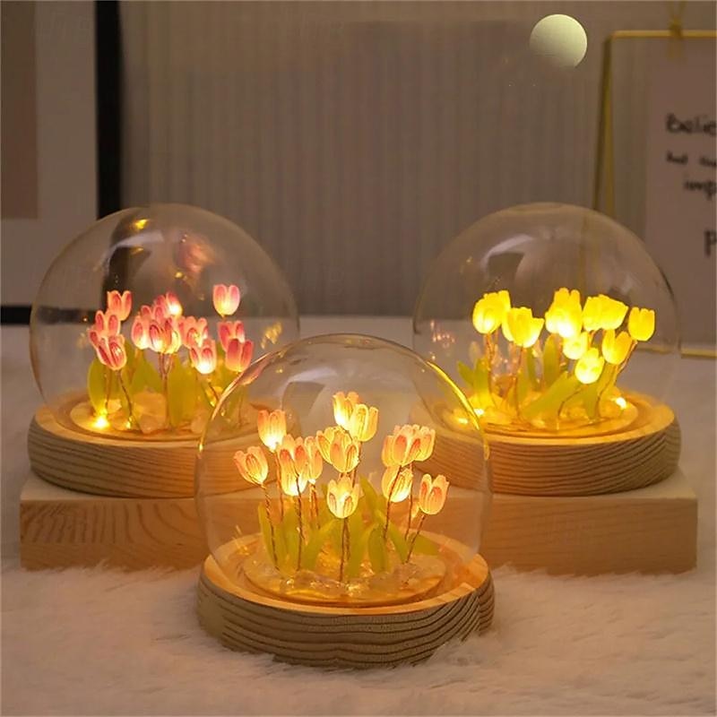 Artificial Tulip Flower Night Light Handmade DIY Bedside Lamp LED Night Lamp Bedroom Decor Christmas Birthday Gifts Table Lamp