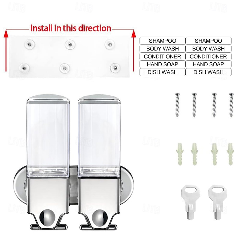 No-Drill  Wall Mounted soap Dispenser for Bathroom and Kitchen, Shampoo and Conditioner Dispenser Drill Free with Adhesive4