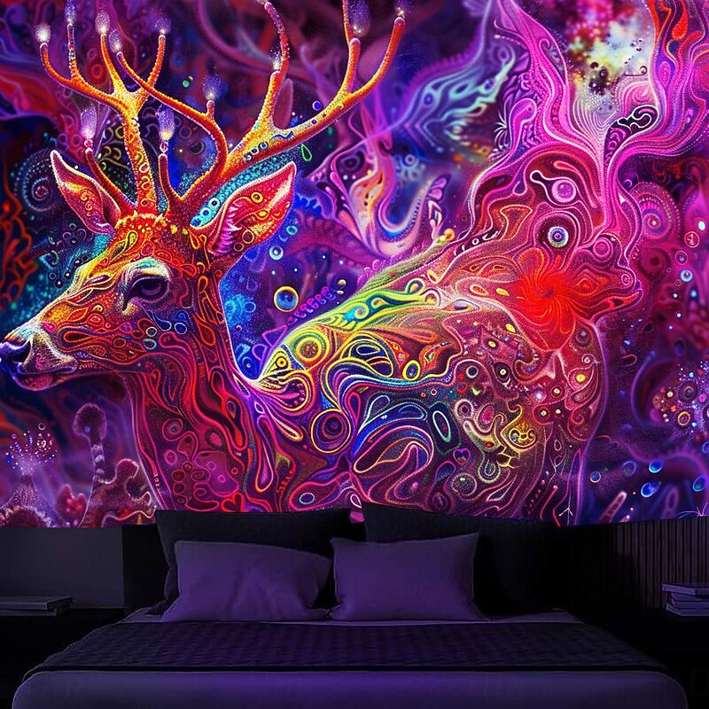 Blacklight Tapestry UV Reactive Glow in the Dark Glow Party Neon Deer Animals Psychedelic Trippy Misty Hanging Tapestry Wall Art Mural for Living2