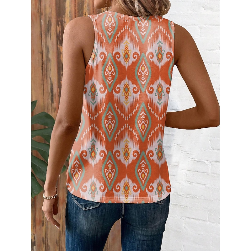 Women's Camisole Tank Top Vest Vintage Ethnic Boho Geometric Print Sleeveless Regular Tops V Neck Vacation Orange Summer2