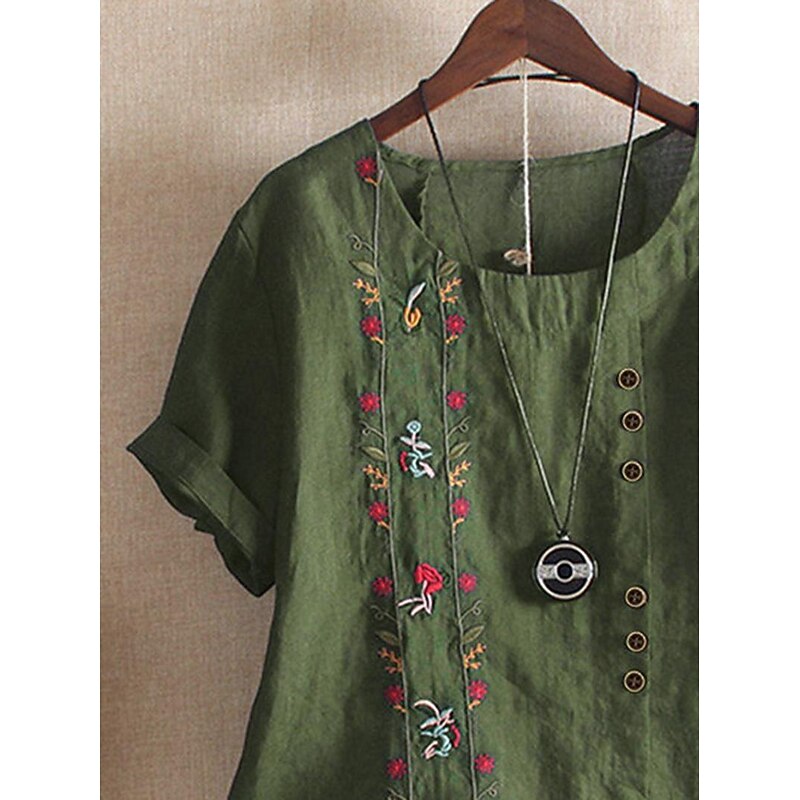 Women's Shirt Linen-Inspired Shirts Blouse Floral Casual Short Sleeve Crew Neck Regular Tops Vacation Daily Embroidered Green Summer4