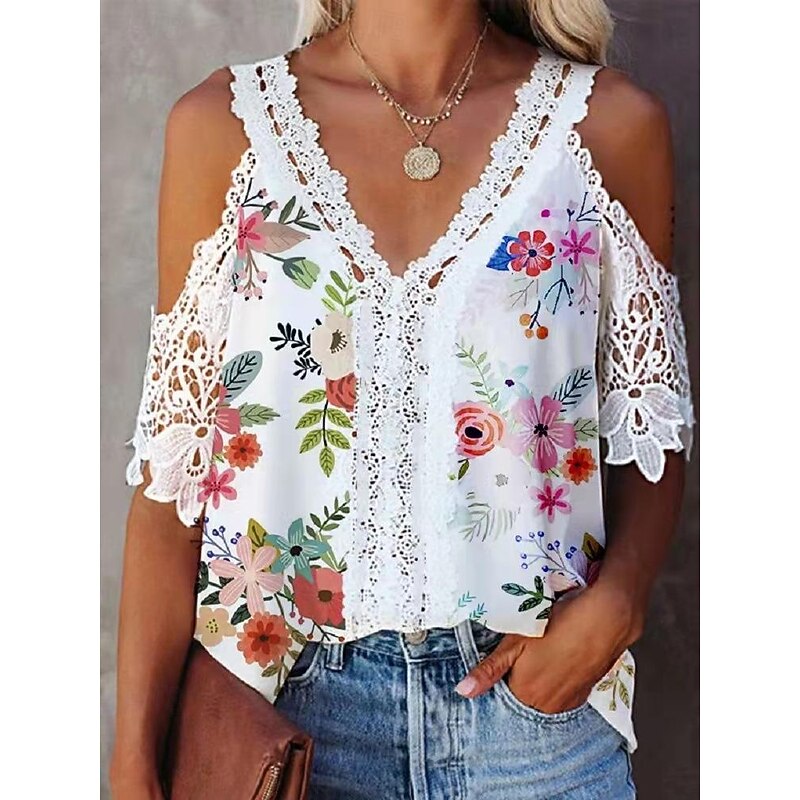 Women's Shirt Lace Shirt Blouse White Lace Shirt Casual Floral Lace Cut Out Print Short Sleeve Regular Tops V Neck Vacation Daily White Yellow Red Summer