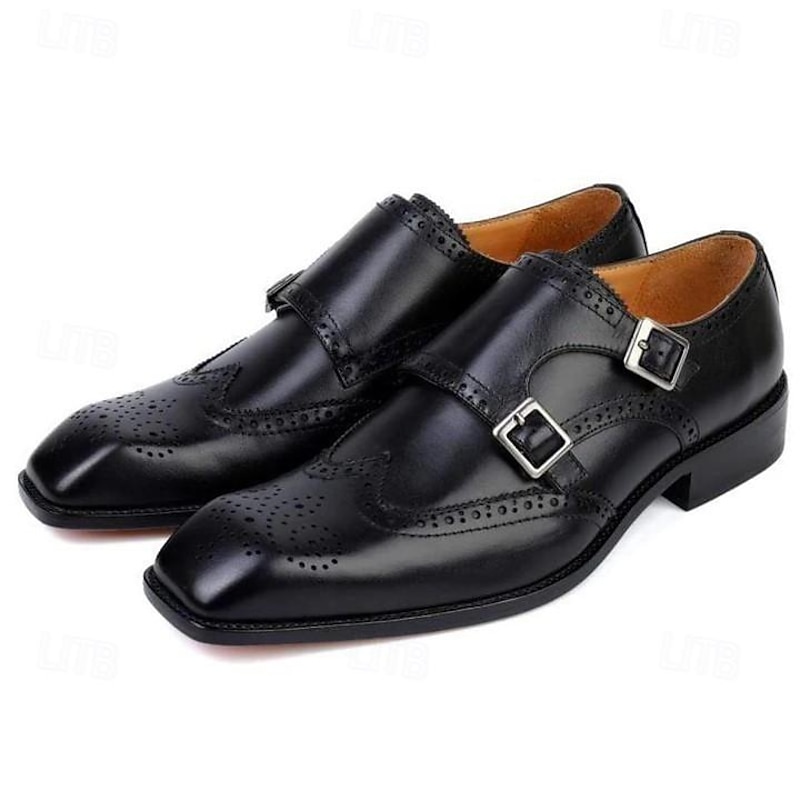 Men's Navy Blue Monk Strap Dress Shoes – Faux Leather with Brogue Detailing, Double Buckle Design, Formal Business and Wedding Footwear3