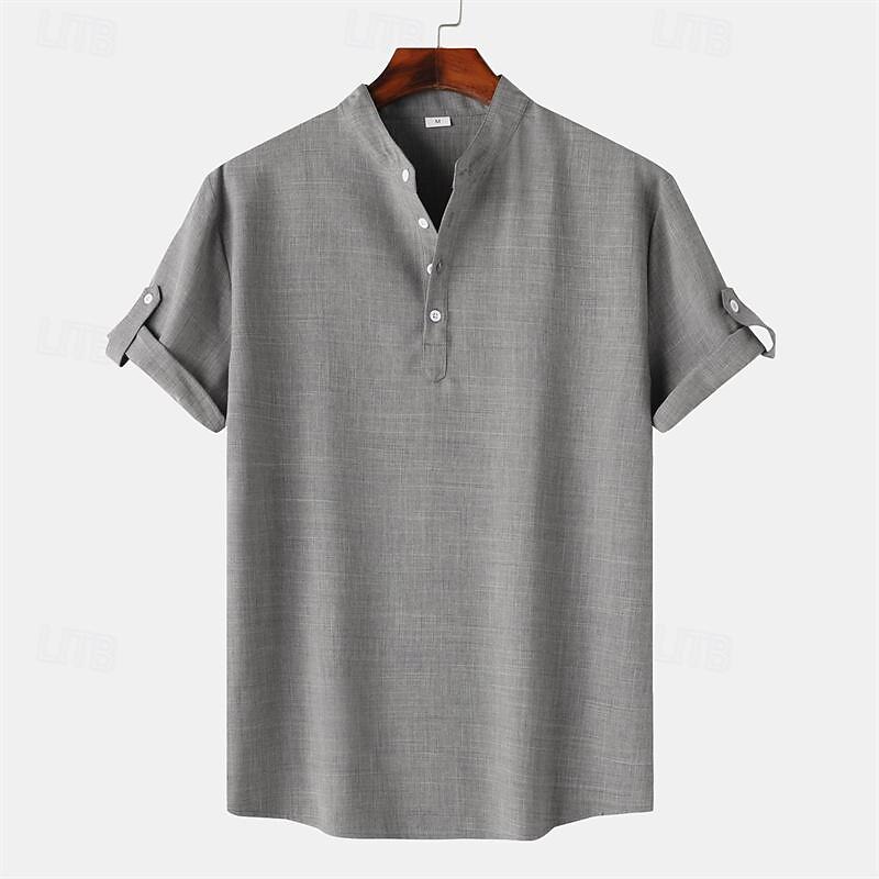 Men's Shirt Linen Shirt Chinese Collar Shirt Mandarin Collar Shirt Casual Shirt Cotton Shirt Plain Vacation Street Black Yellow Light Green Pink Short Sleeve Band Collar Summer Clothing Apparel 7