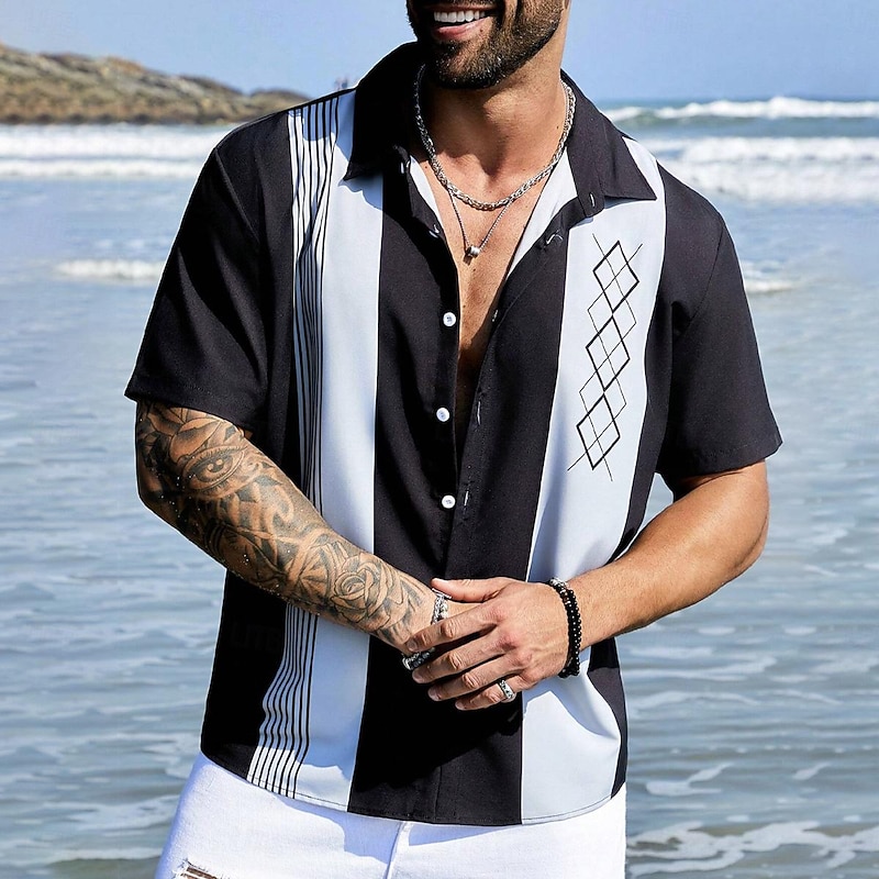 Men's Bowling Shirt Button Up Shirt Printed Shirts Short Sleeve Casual Outdoor Daily Summer Turndown Print Button-Down Black Blue Khaki