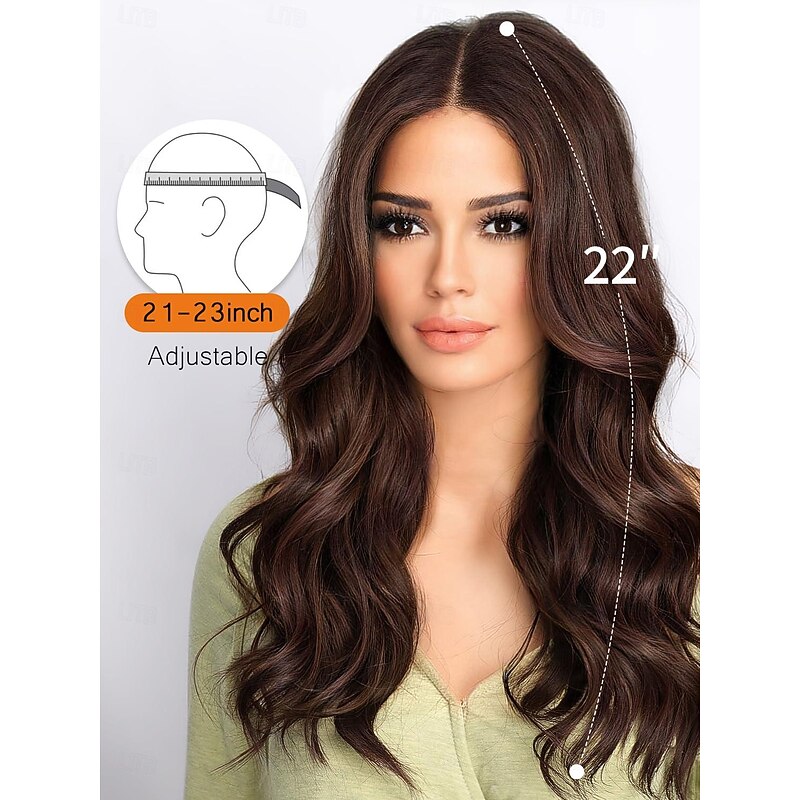 Wigs with Curtain Bangs for Women Long Wavy Women's Charming Synthetic Wigs with Bangs Natural Wavy Chocolate Brown Wigs Medium Length Wig Heat Resistant Hair for Daily Party Use3