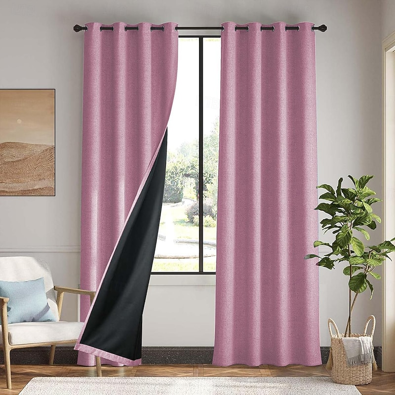 1pc Waterproof Blackout Double Coated Solid Color Cotton And Linen Curtain Bedroom Living Room Home Decoration Perforated Curtain3