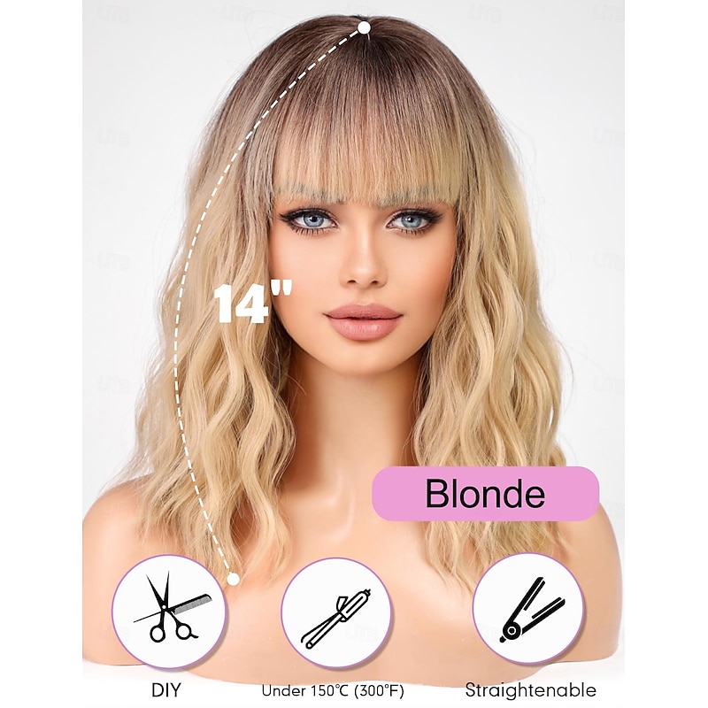 Short Blonde Bob Wigs for Women,Synthetic Wavy Curly Hair Wig with Bangs for Daily 12 inch Auburn Burgundy Blonde Black Light Blonde Wigs4