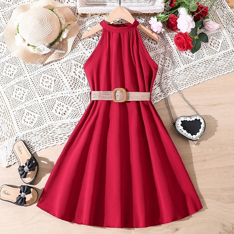 Kids Girls' Dress Solid Color Halter Neck Dress Above Knee Dress School Halter Off Shoulder Sleeveless Fashion Dress 7-13 Years Summer Light Green