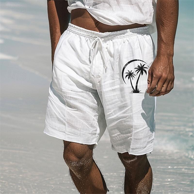Men's Linen Shorts Summer Shorts Beach Shorts Pocket Drawstring Elastic Waist Coconut Tree Comfort Breathable Short Holiday Vacation Beach Hawaiian Boho Black White