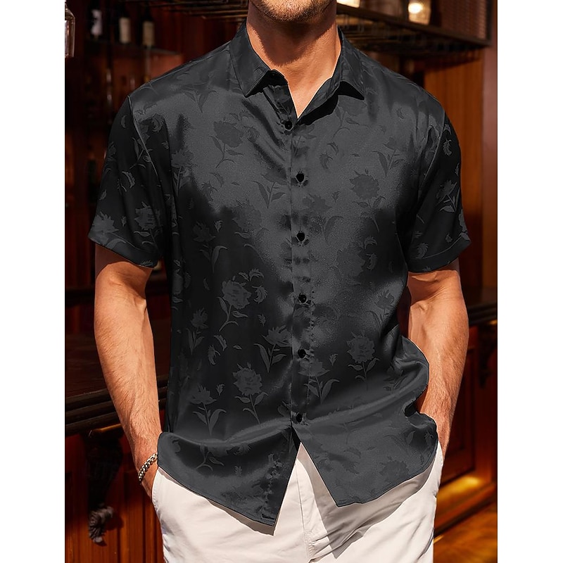 Men's Shirt Satin Shirt Summer Shirt Casual Shirt Button Up Shirt Plain Wedding Vacation Black Wine Green Short Sleeve Collar Summer Clothing Apparel