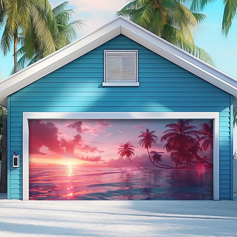 Summer Beach Holiday Outdoor Garage Door Cover Banner Beautiful Large Backdrop Decoration for Outdoor Garage Door Home Wall Decorations Event Party Parade