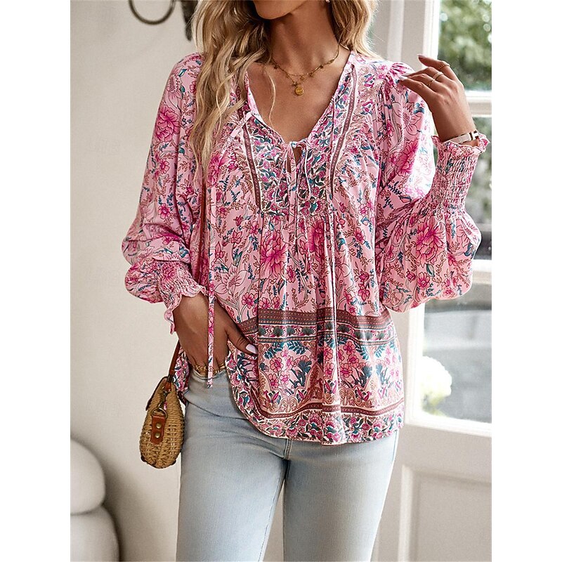 Women's Shirt Blouse Casual Boho Floral Lace up Print Long Sleeve Regular Tops V Neck Vacation Beach Pink Navy Blue Blue Orange Summer