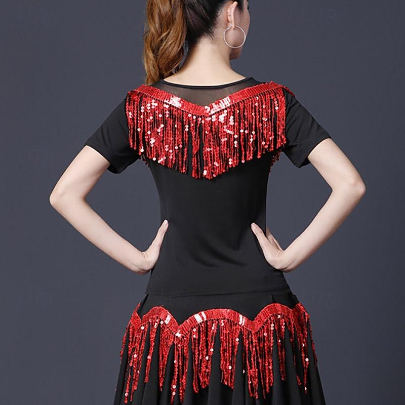 Latin Dance Ballroom Dance Top Tassel Pure Color Splicing Women's Performance Training Short Sleeve High Polyester3
