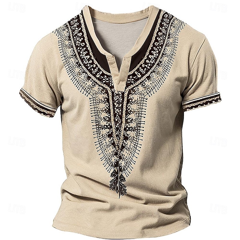 African Pattern V Neck Men's Ethnic Style 3D Print T shirt Tee Henley Shirt Casual Daily T shirt Blue Khaki Short Sleeve Henley Shirt Summer Clothing Apparel S M L XL 2XL 3XL
