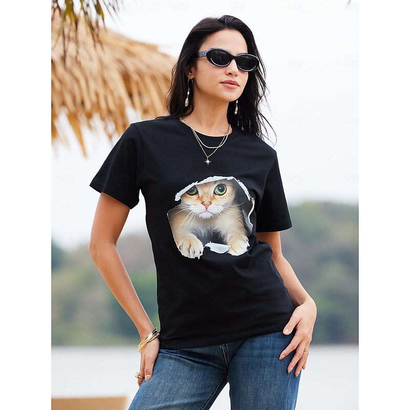 Women's T shirt Tee 100% Cotton Funny Tee Shirt Black White Graphic Cat Print Short Sleeve Casual Daily Basic Round Neck Regular 100% Cotton 3D Cat S4