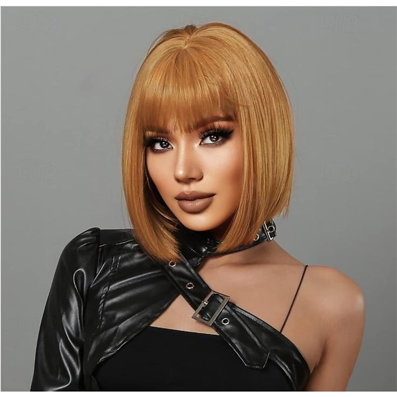 Short Bob Wig with Bangs Heat Resistant Synthetic Straight Wigs for Women Cute Dark Ash Blonde blended with Blonde 10 inches Light Brown Black Brown Light Blonde Blonde4