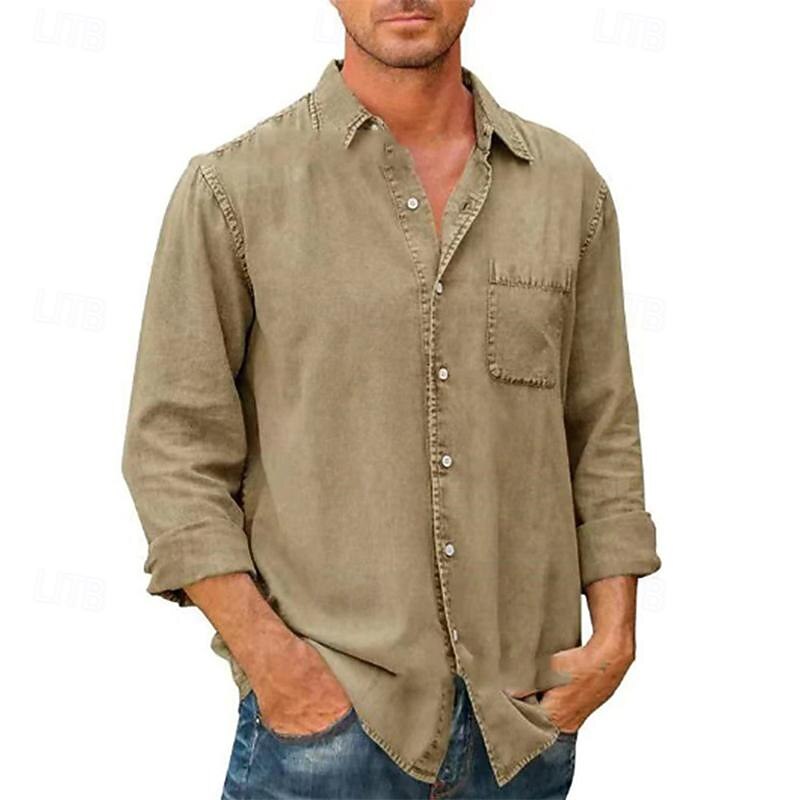 Men's Shirt Summer Shirt Button Up Shirt Casual Shirt Beach Shirt Black White Dark Navy Blue khaki Long Sleeve Plain Lapel Hawaiian Holiday Pocket Clothing Apparel Fashion Casual Comfortable2