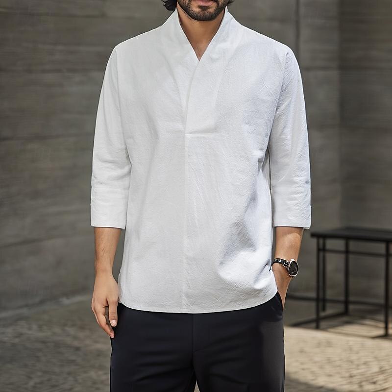 Men's Shirt Cotton Linen Shirt White Cotton Shirt Casual Shirt Plain Hawaiian Holiday Black White Yellow Navy Blue 3/4-Length Sleeve V Neck Spring & Summer Clothing Apparel