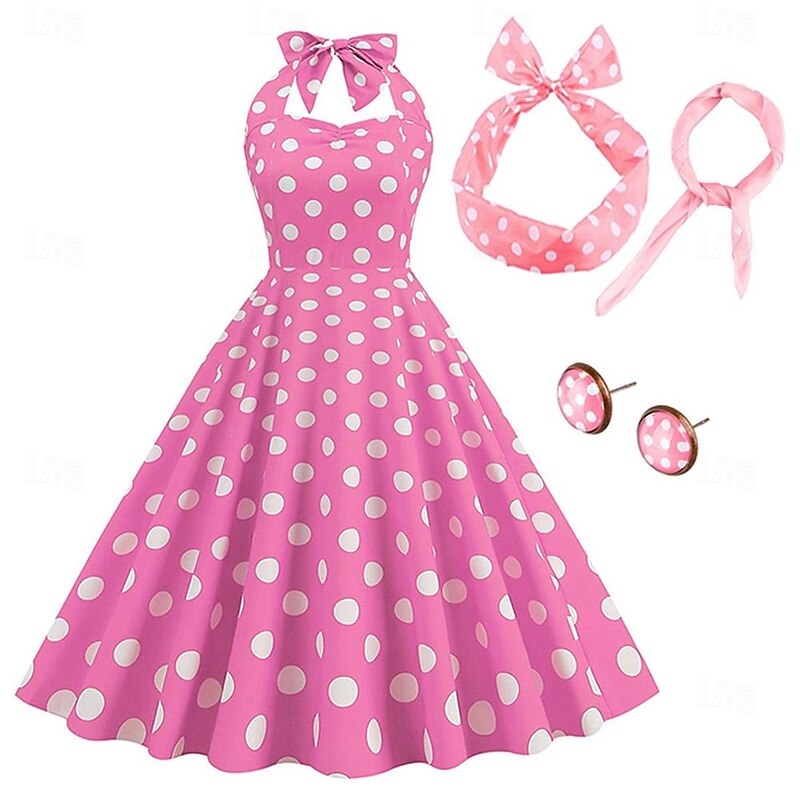 Elegant Polka Dots Retro Vintage Grease Outfits A-Line Dress Swing Dress Flare Dress Doll Polka Dot Fancy Dress Women's Party / Evening Adults' Dress Headband Homecoming Dresses