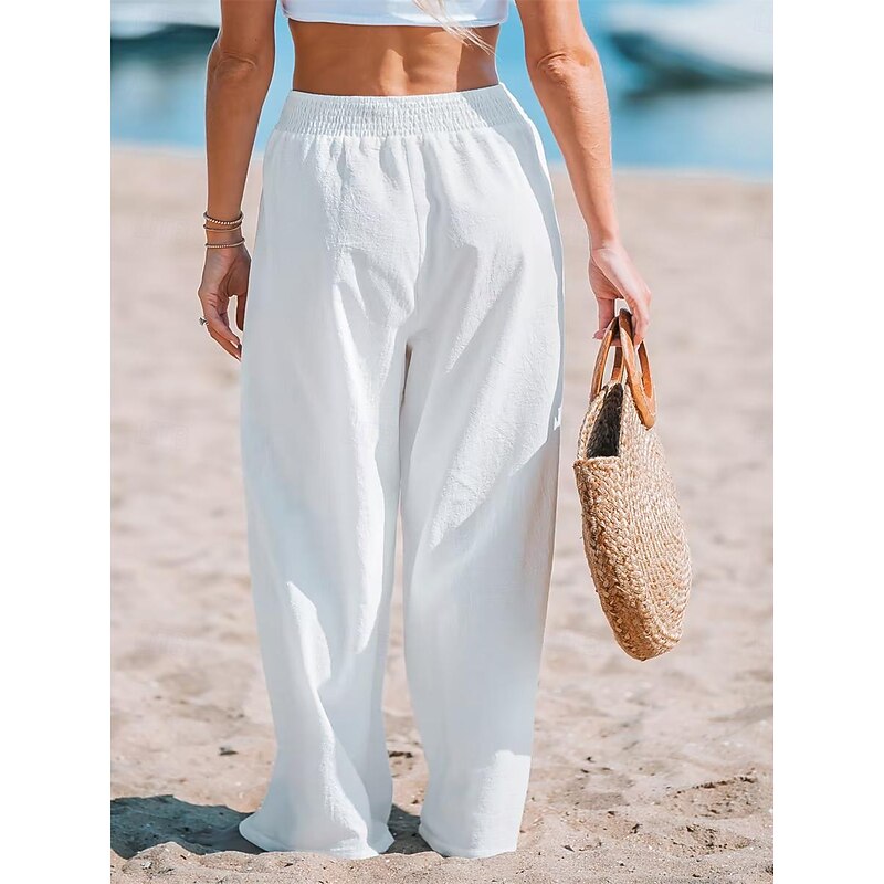 Women's Wide Leg Pants Trousers Streetwear Casual Long High Waist Plain Elastic Waist High Cut Breathability Soft Micro-elastic Vacation Street Daily Wear White Summer Spring Regular Fit3