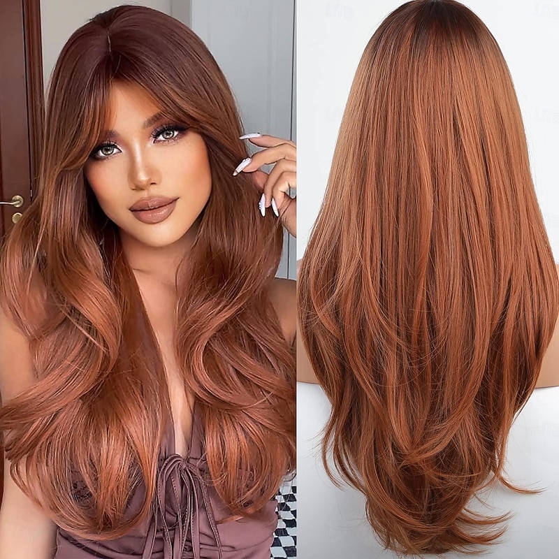 Auburn Blonde Brown Light Brown Pink Wigs for Women Long Auburn Red Wig with Bangs Layered Wigs for Women Red Wigs Auburn Hair Wigs for Women Cosplay Wigs