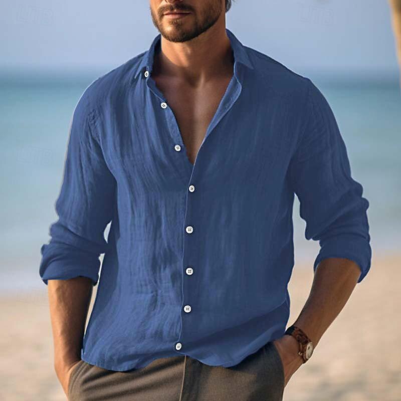 Men's Shirt Linen Shirt Summer Shirt Beach Wear Button Up Shirt Plain Vacation Curise Yellow Navy Blue Long Sleeve Turndown Spring & Summer Clothing Apparel