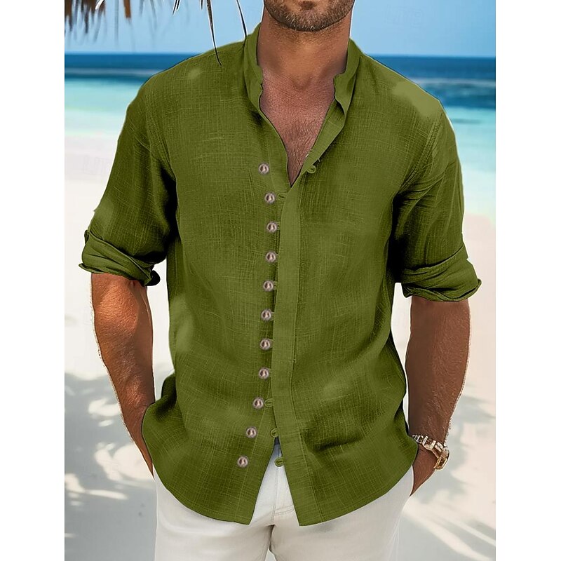 Men's Shirt Linen Shirt Summer Shirt Beach Wear Casual Shirt Button Up Shirt Plain Vacation Curise Black White Light Green Pink Long Sleeve Stand Collar Spring & Summer Clothing Apparel4